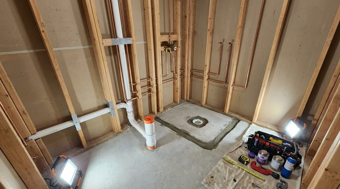 Bathroom rough-in plumbing during remodel by Johns Plumbing LLC in Roscoe
