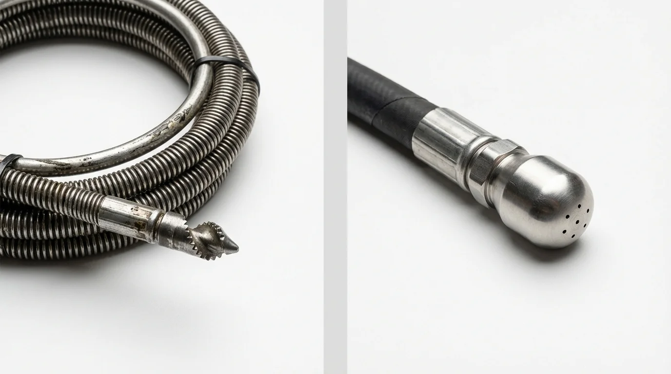 Drain snake cable and hydro jetting nozzle used for drain cleaning in Roscoe, IL