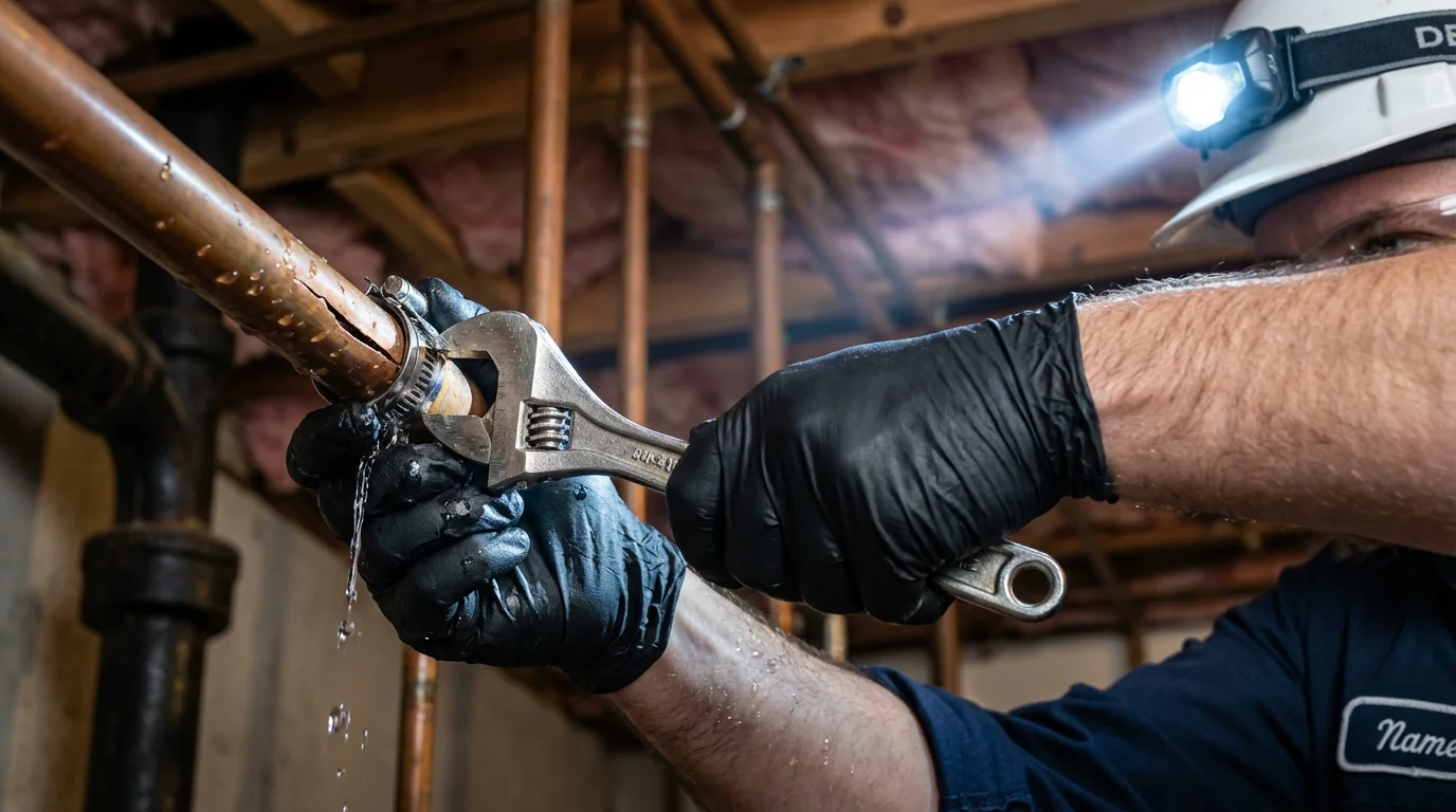 Emergency pipe clamp repair being performed by a Johns Plumbing LLC plumber in Roscoe