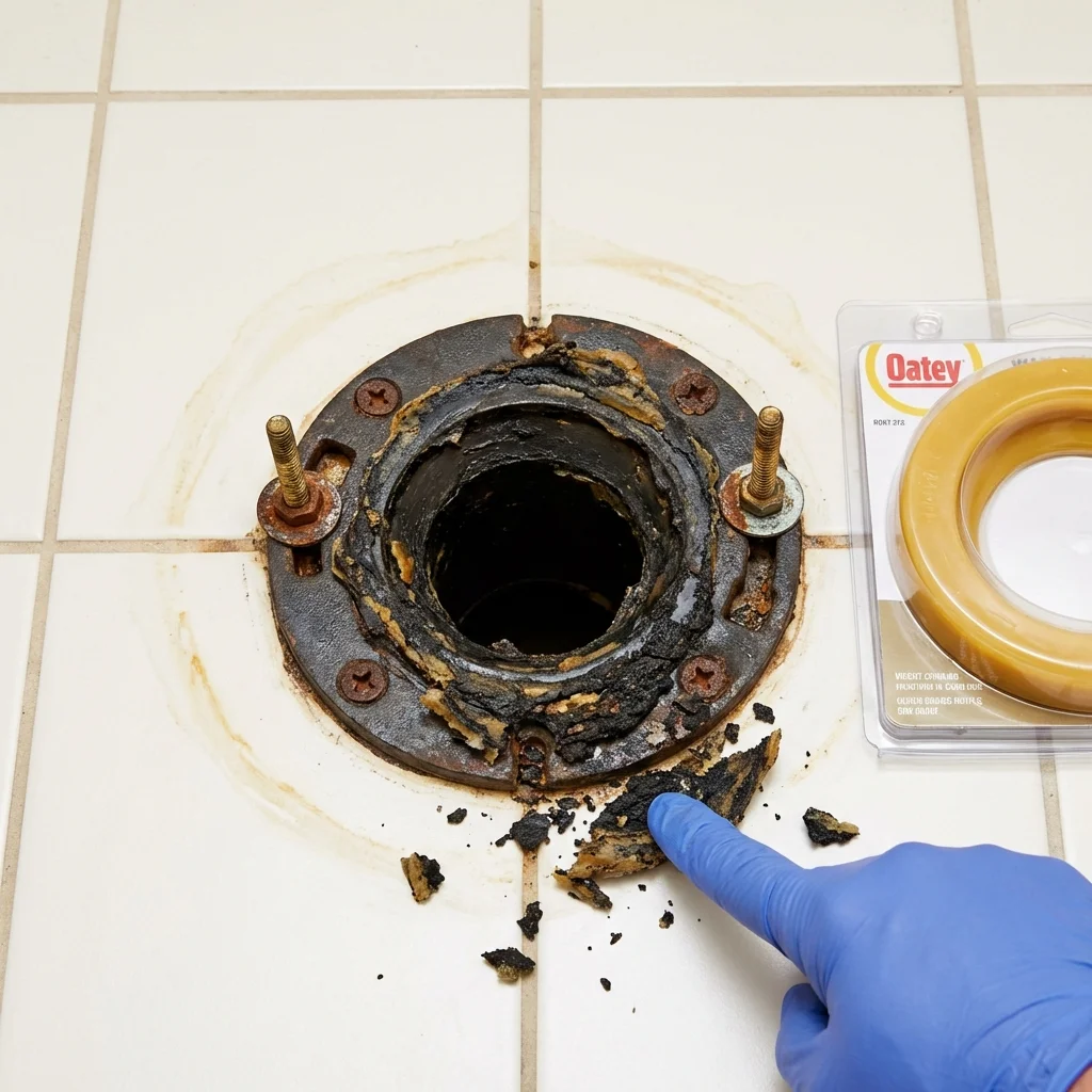 Failed wax ring showing water seepage at the base of a toilet in a Roscoe, IL home