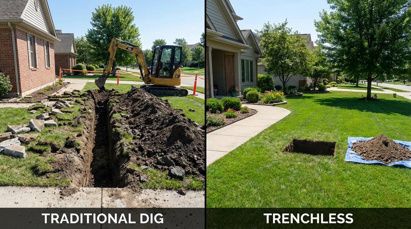 Trenchless sewer repair with minimal yard damage versus traditional excavation in Roscoe, IL
