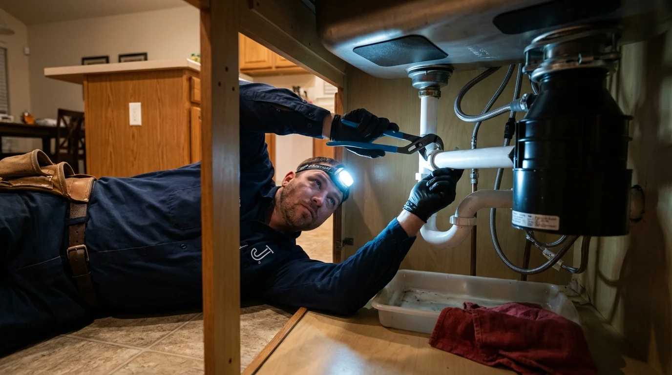 P-trap and supply line connections under a kitchen sink showing a common leak point in Roscoe, IL